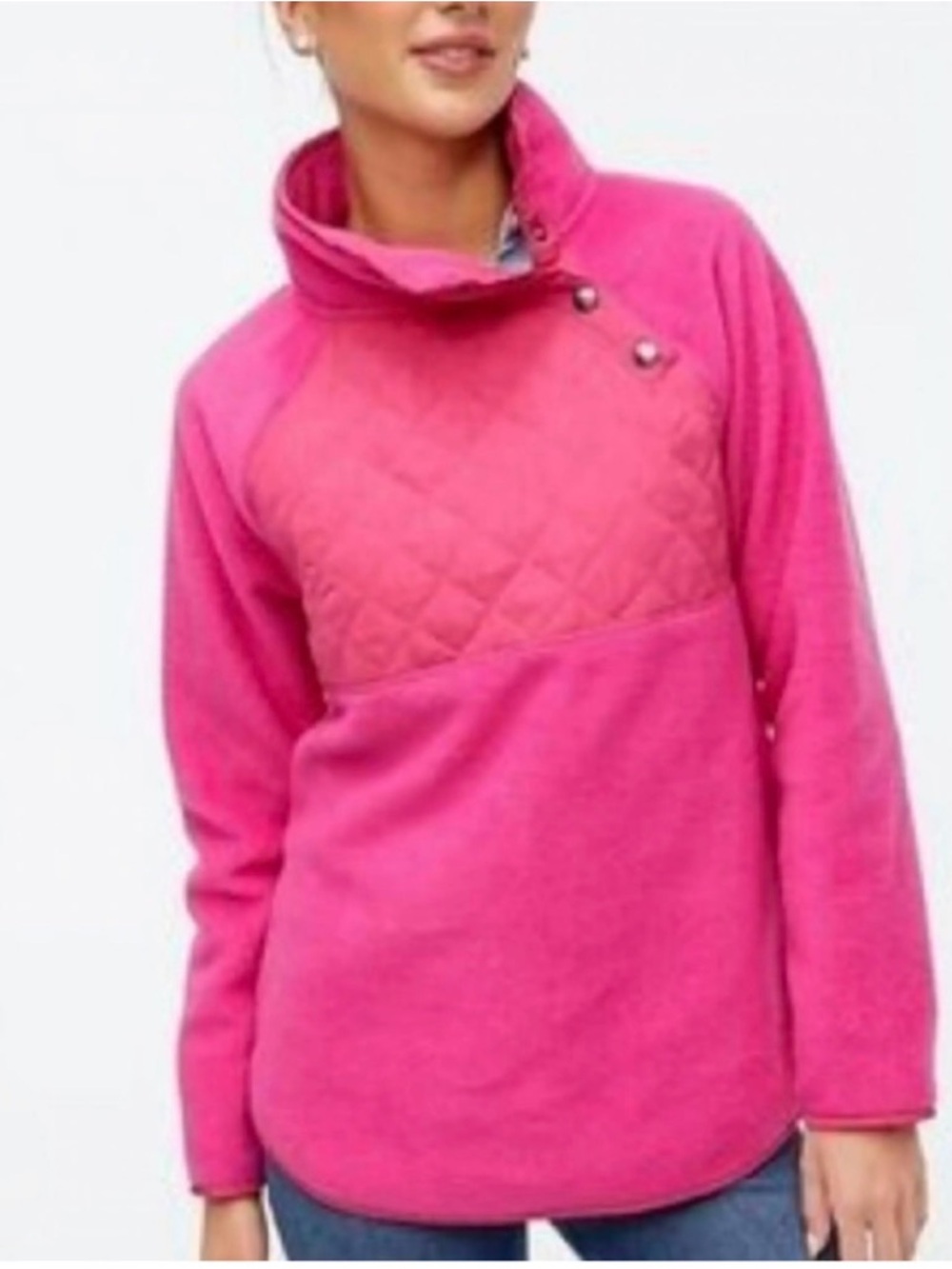 J. Crew Factory Bright pink quilted fleece pullover, size medium